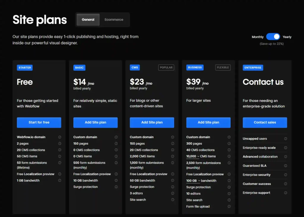 Webflow's Pricing page